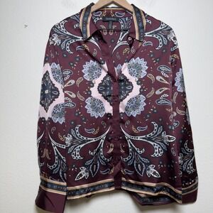 Ellen Tracy Women Button Front Shirt Large Burgundy Paisley Equestrian Satin